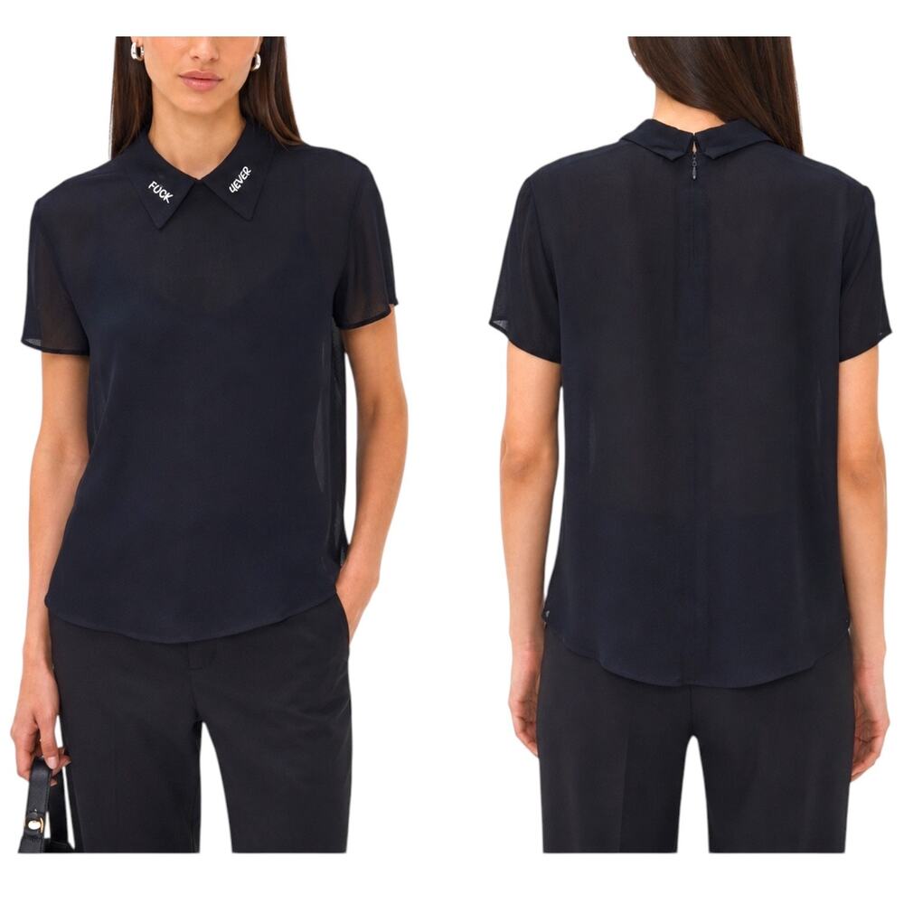 Reformation x Baron Von Fancy, F*ck 4Ever Collar Short-Sleeve Blouse Black Small